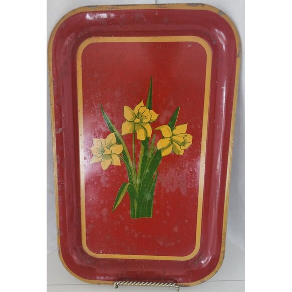 Vintage Red Metal Tray Mustard Yellow Daffodils Green Leaves 14" x 9" - Picture 12 of 12